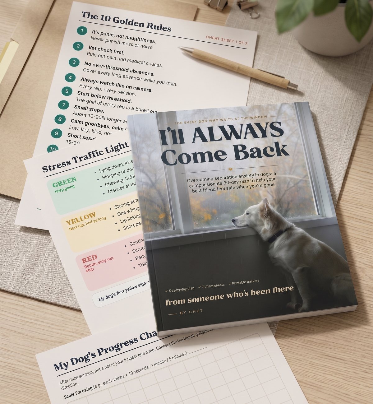 The I’ll Always Come Back guide with printable cheat sheets on a desk